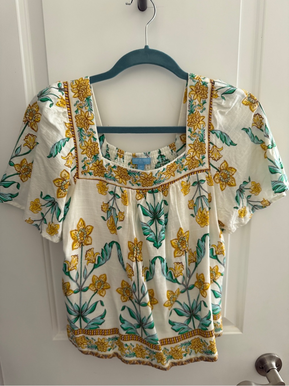 EUC Draper James Floral Square Neck Linen Flutter Sleeve Top Blouse XS